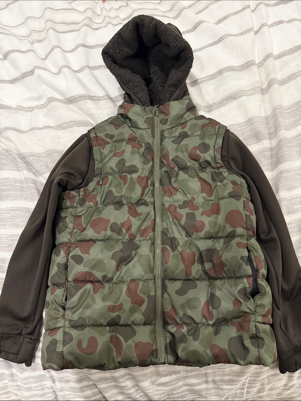 Kid’s Camouflage Puffer Jacket with Sherpa Hood